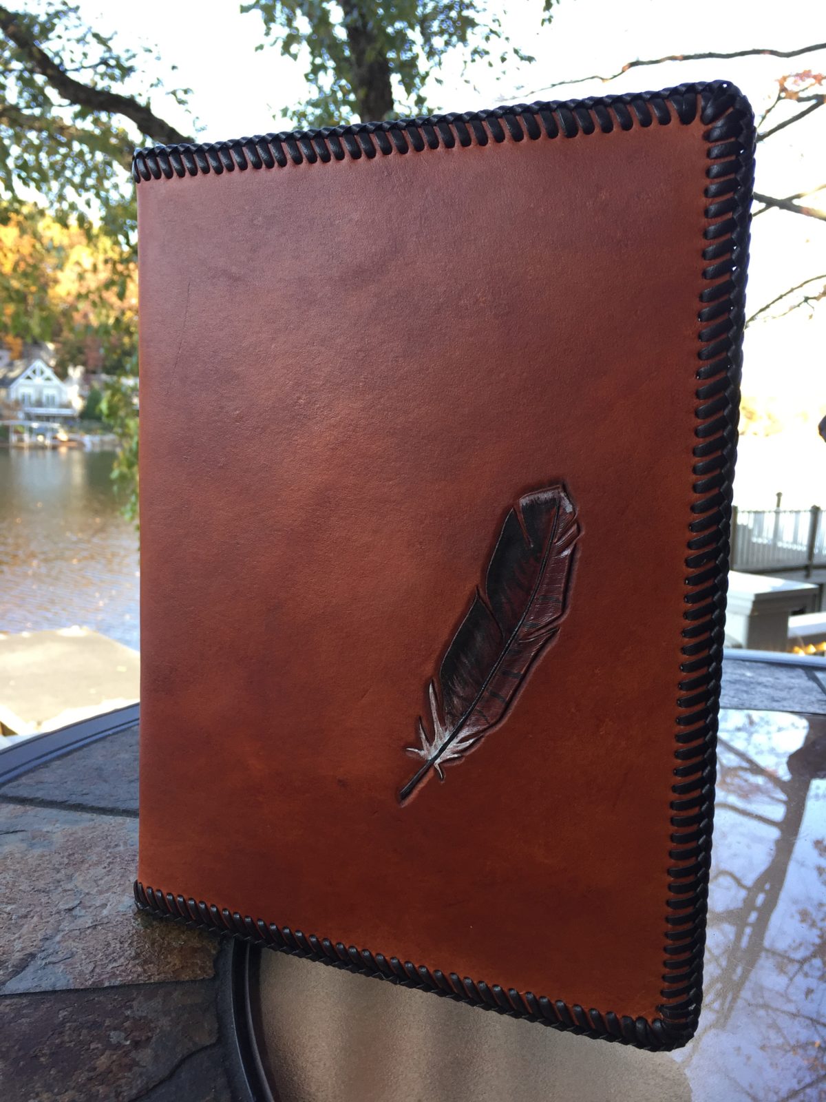 leather journal - feather, hand carved
